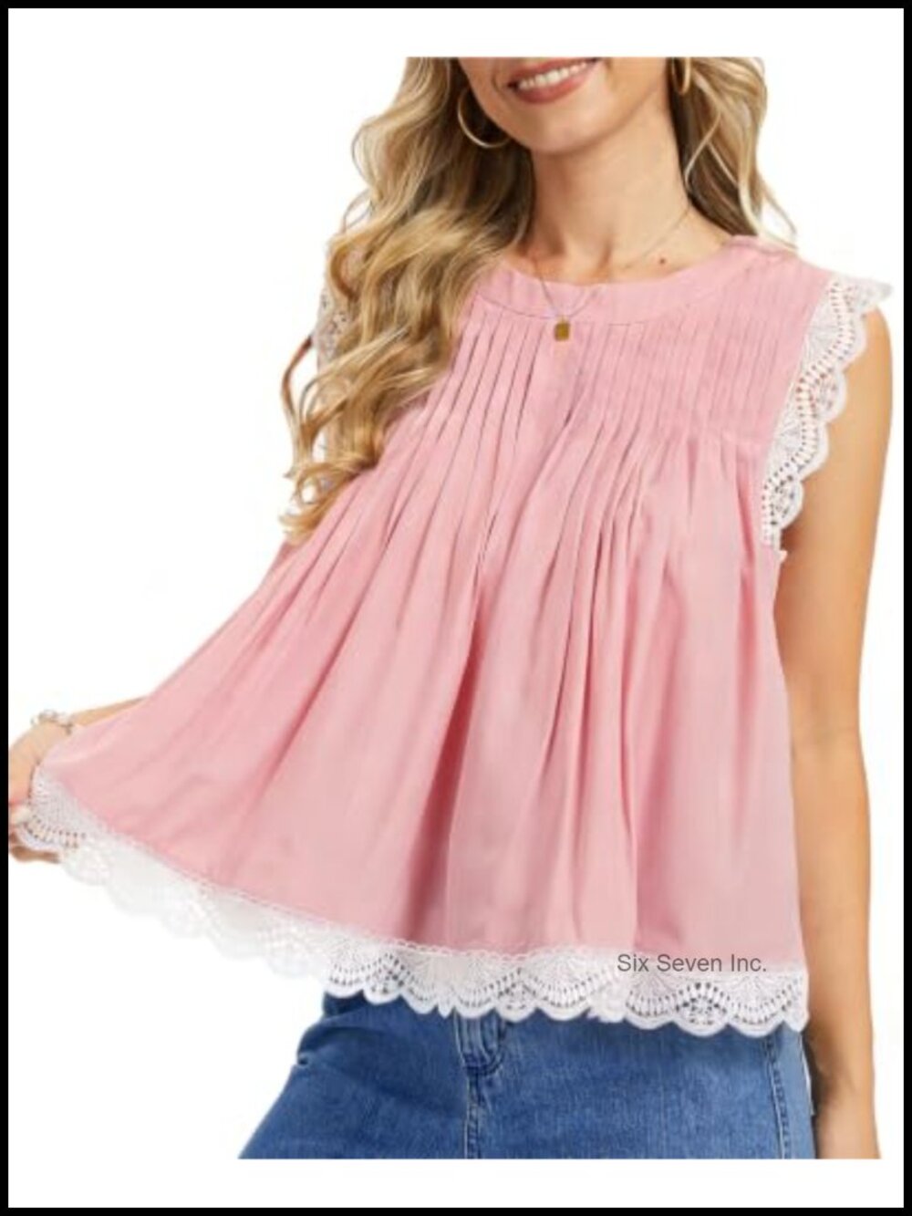 Lace Trim Pleated Peplum Tank Top Flowy Babydoll Sleeveless Summer Blouse